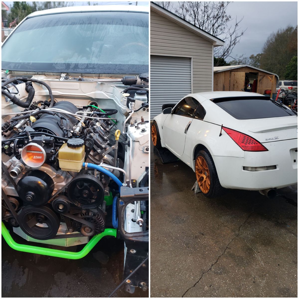 Finished LS engine bay with 92mm throttle body, and the white 350Z on bronze wheels