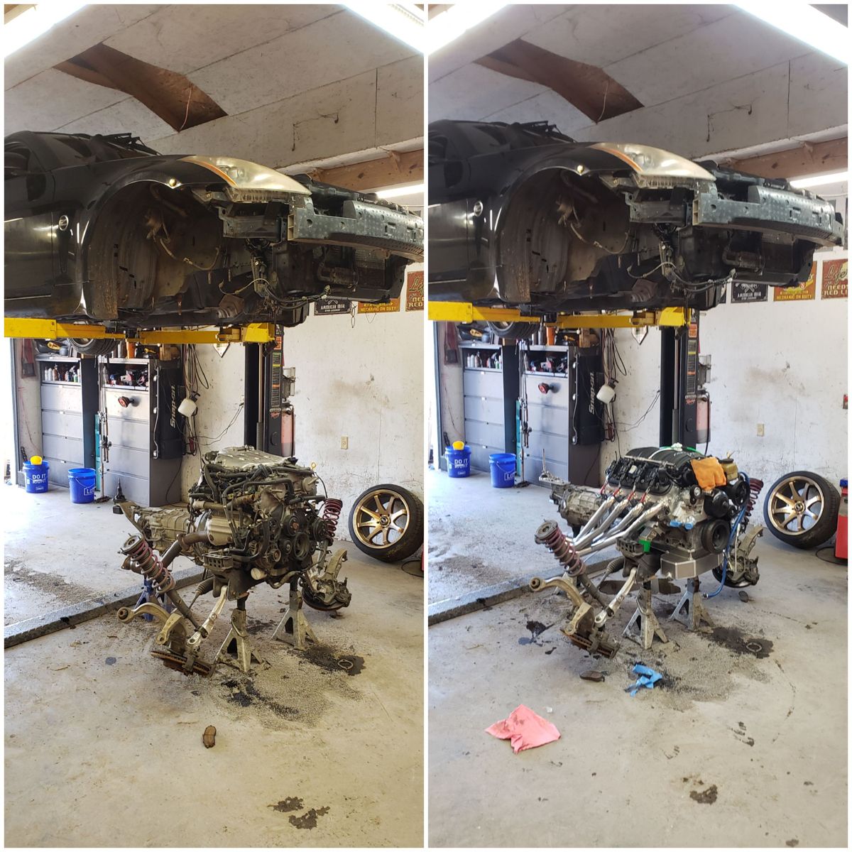 350Z on the lift: stock drivetrain out, LS and transmission going in