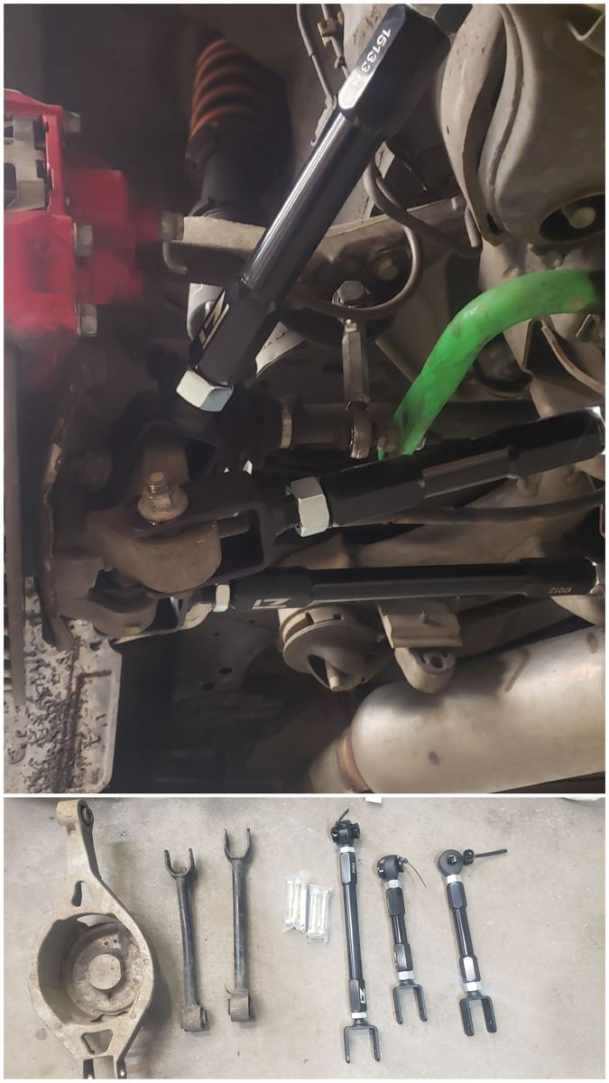 Z1 adjustable rear arms installed, and stock arms laid out next to the Z1 arms